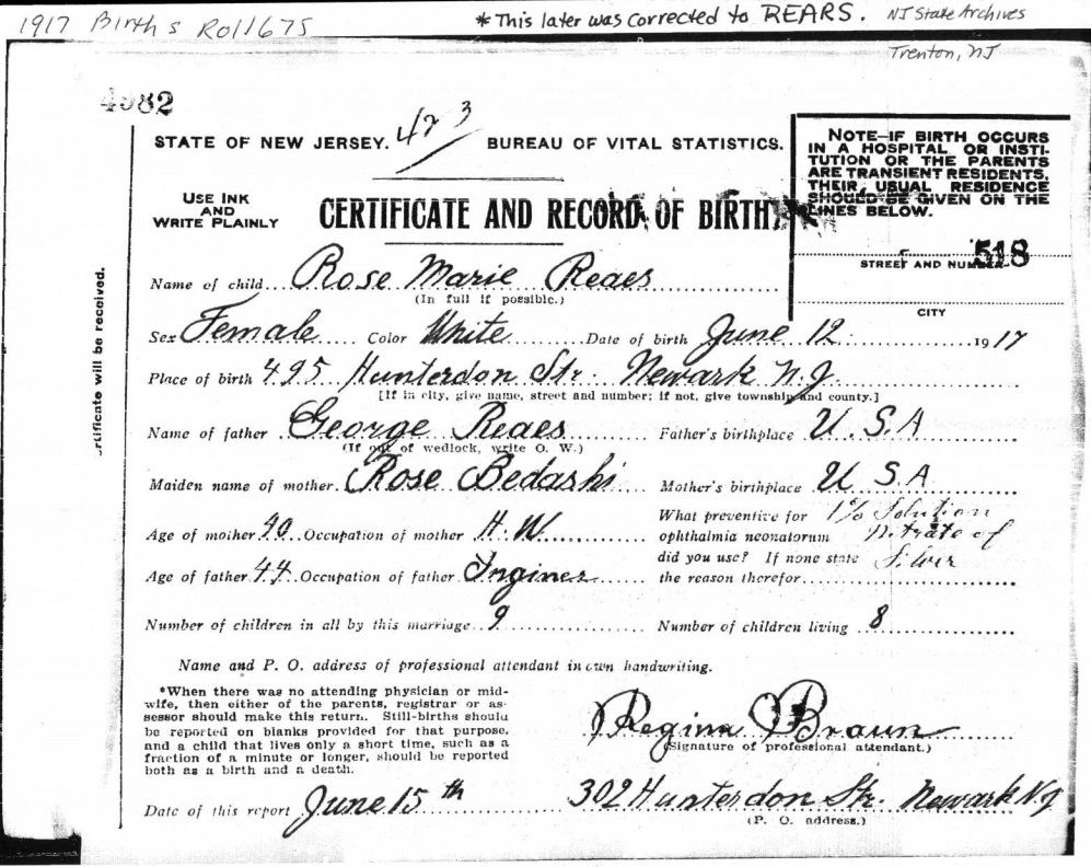 Rose Marie Rears Birth Certificate