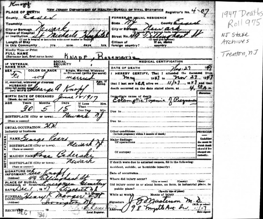 Rose Marie Rears Death Certificate