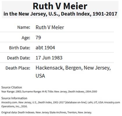 Ruth Hamilton Meier Death Index