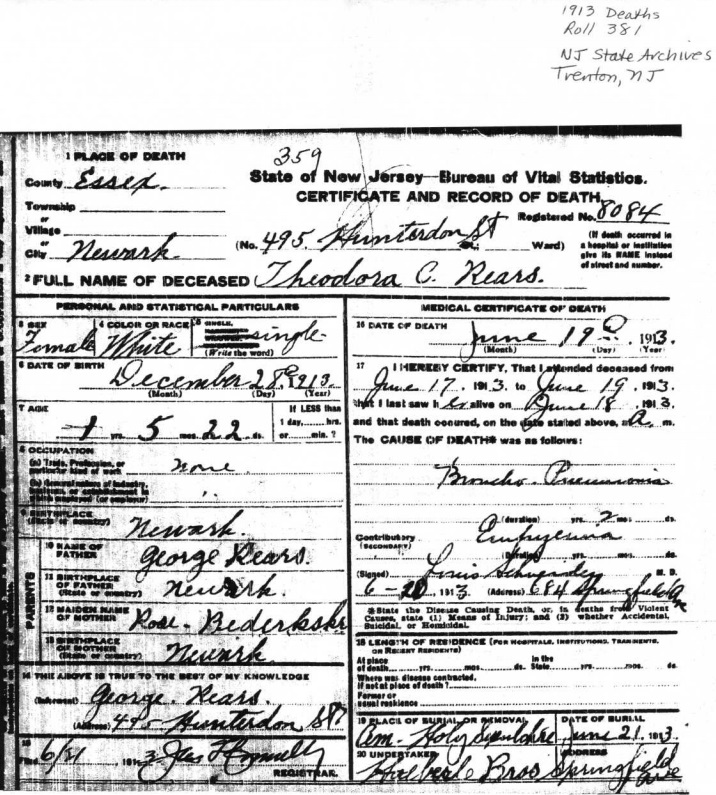 Theodora C. Rears Death Certificate