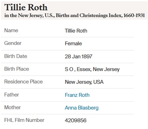 Tillie Roth Birth Index