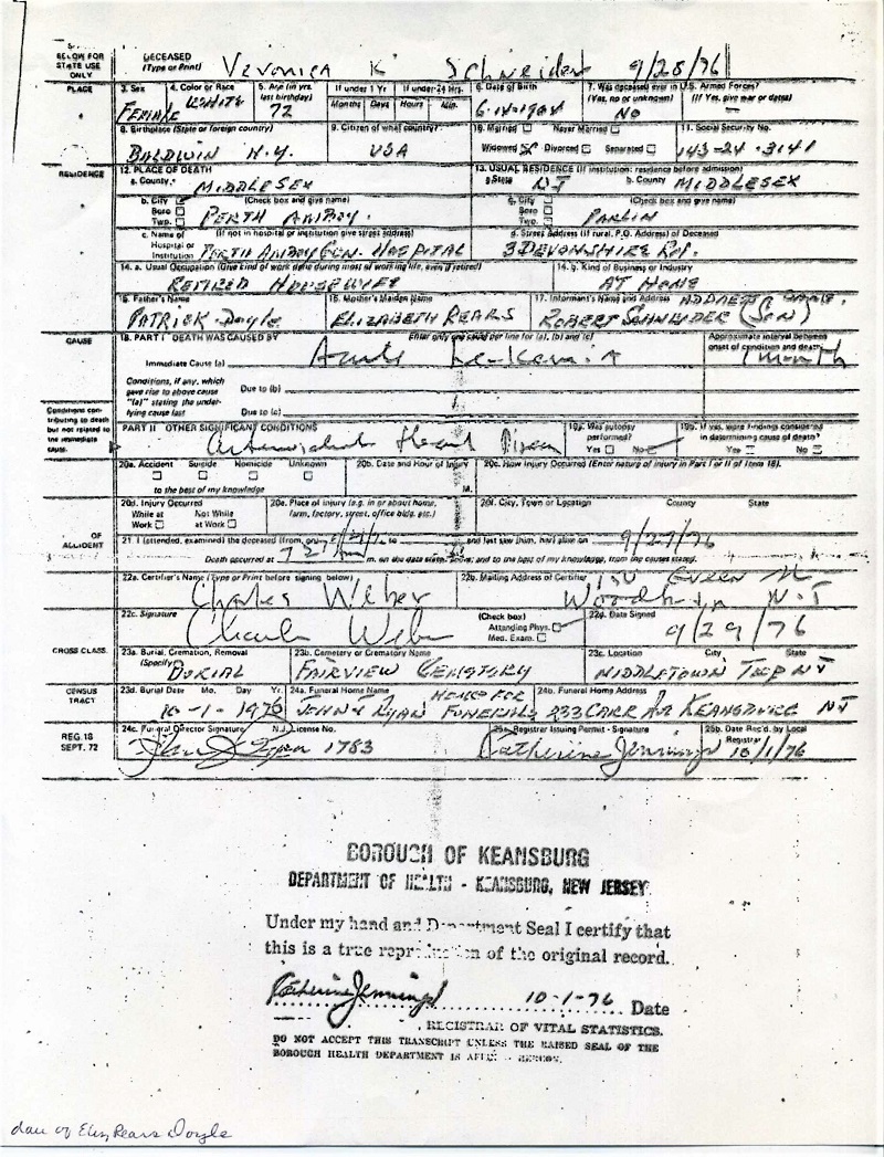 Veronica Doyle Schneider Death Certificate