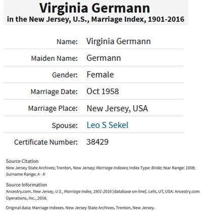 Virginia Germann and Leo Sekel Marriage Index