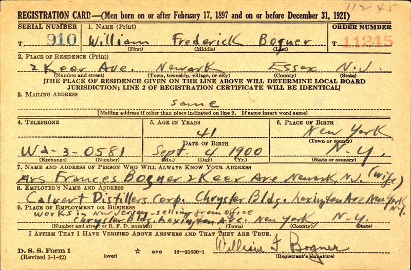 William Bogner's World War II Draft Registration Card Part 1
