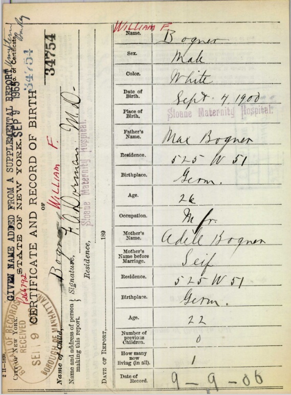 William F. Bogner Birth Certificate