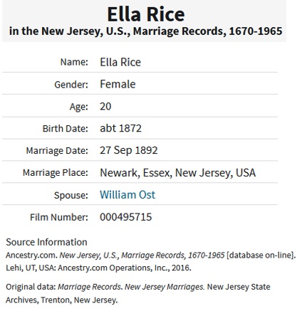 Ella Rice and William Ost Marriage Index